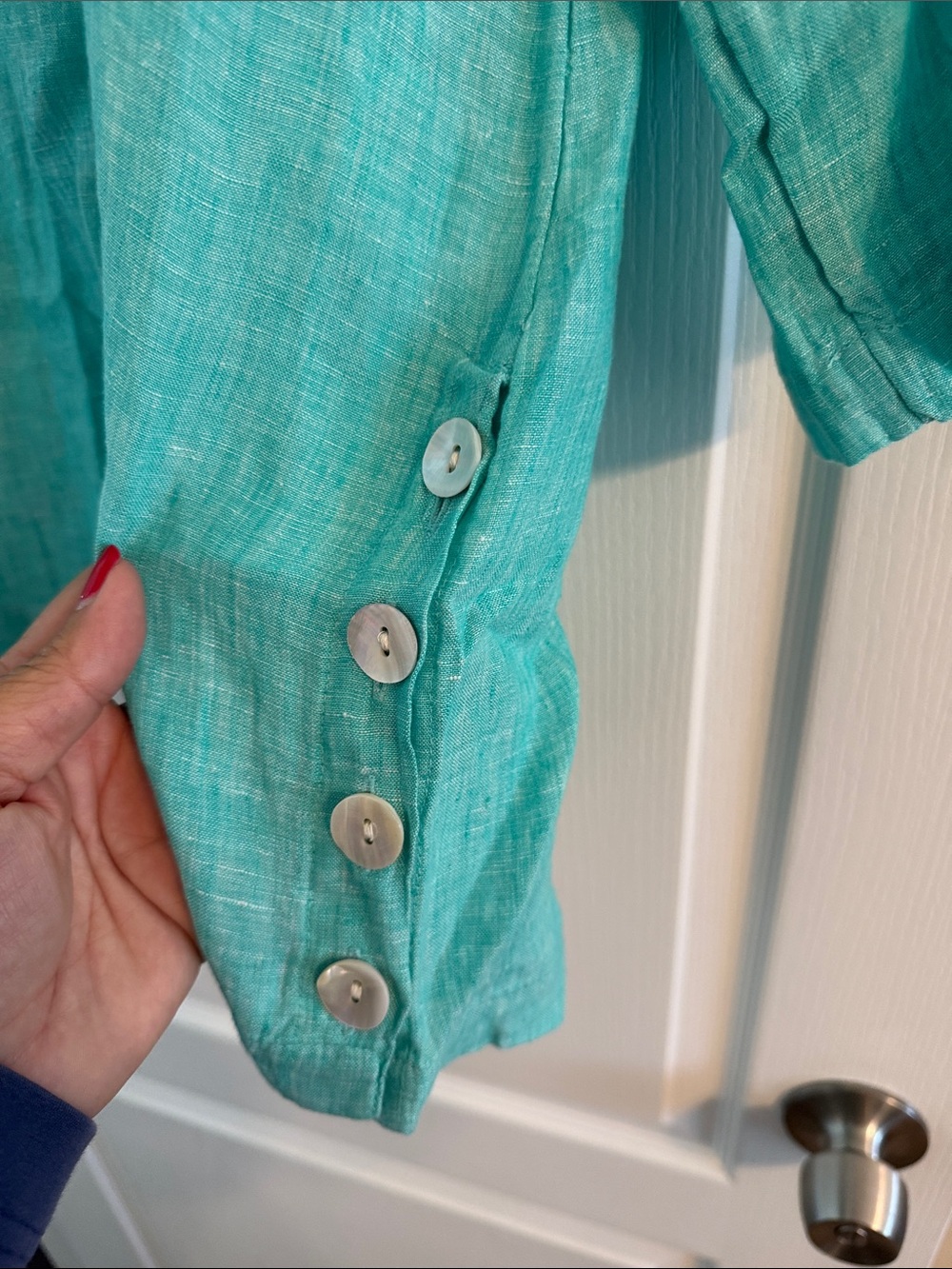 Tahari Turquoise V-Neck Linen Button-Trim Tunic - Picture 2 of 5